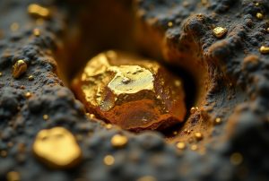 Pepita de oro incrustada en una roca oscura