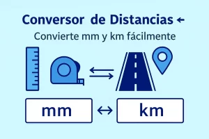 Conversor de distancias: convierte milímetros y kilómetros fácilmente, con íconos de regla y carretera.