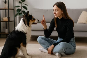 mujer adiestrando a un perro