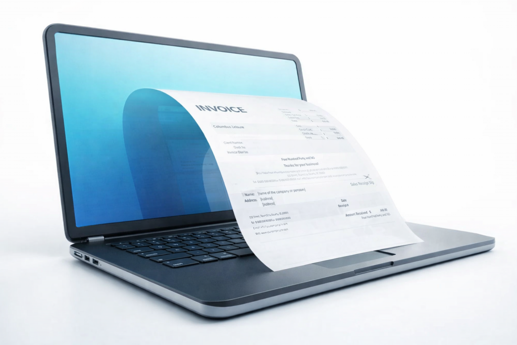 Factura electrónica saliendo de un ordenador portátil como representación de la digitalización y el control de la facturación en empresas y autónomos