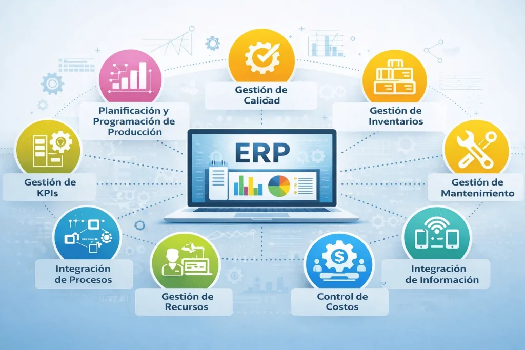 Infografía de funciones de un ERP para industria metalmecánica con módulos de producción, inventarios, costos y calidad