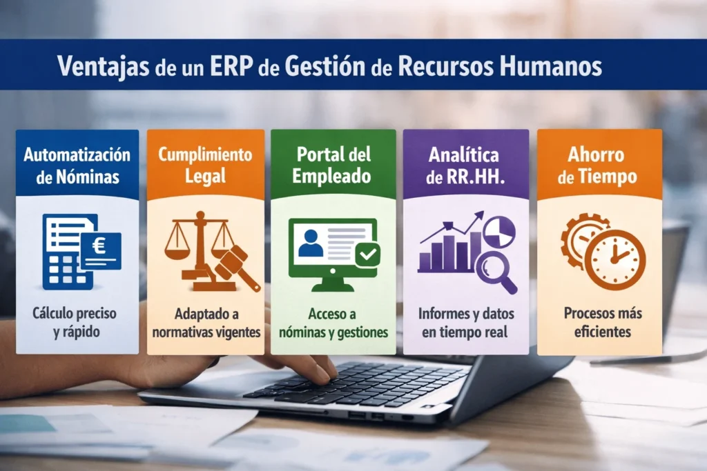 Infografía apaisada que muestra las principales ventajas de un ERP de gestión de recursos humanos: automatización de nóminas, cumplimiento legal, portal del empleado, analítica de RR. HH. y ahorro de tiempo.