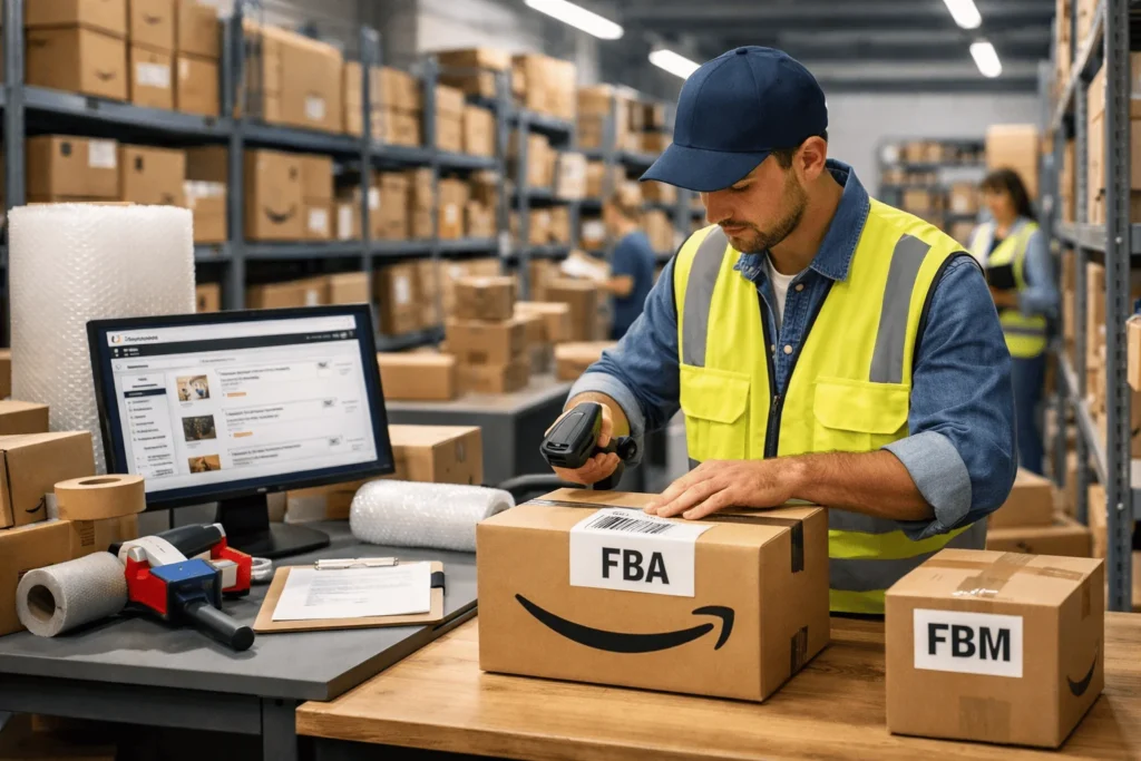 Operario preparando pedidos en un almacén logístico para envíos de Amazon con cajas listas para etiquetado y distribución.
