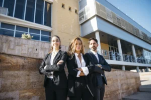 Equipo de profesionales vestidos con traje posando con los brazos cruzados frente a un edificio corporativo moderno.