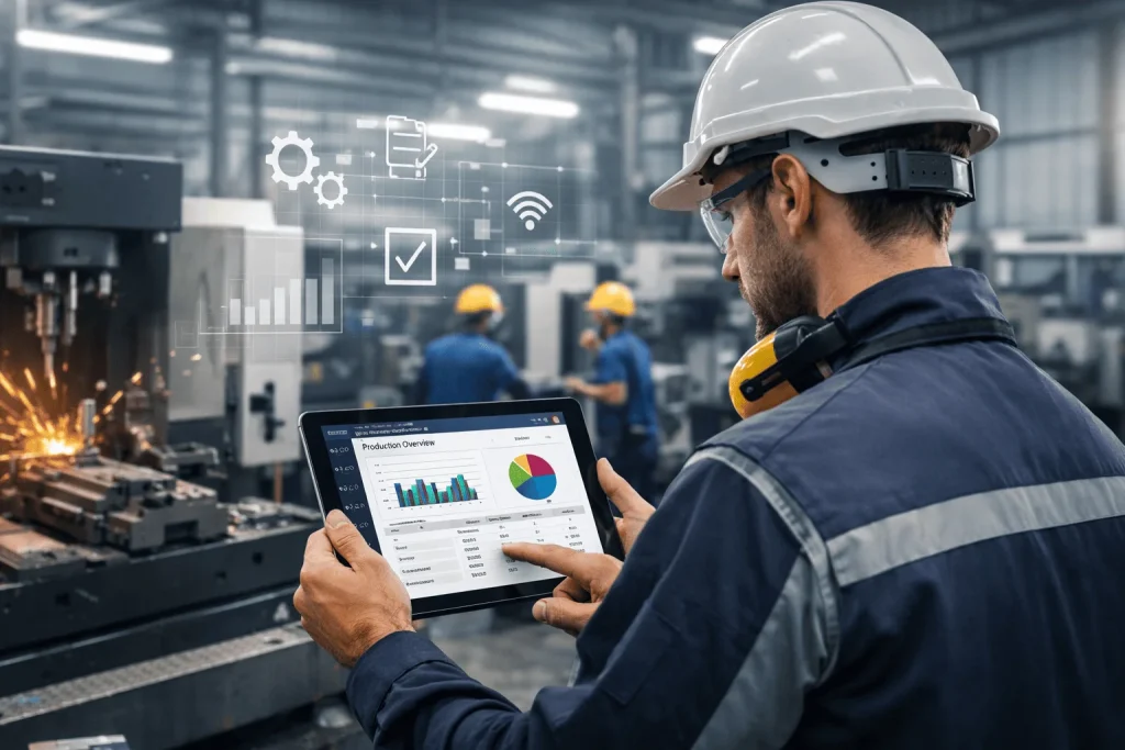 Operario revisando datos de producción en tablet con sistema ERP en planta metalmecánica