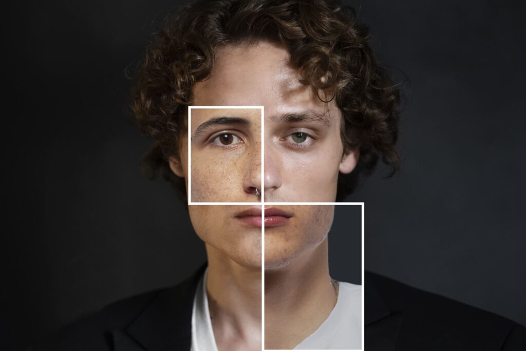 retrato con comparación de mejora de calidad de imagen en el rostro mediante edición digital antes y después