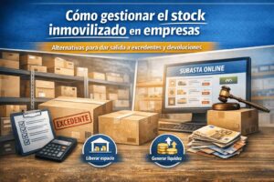 Gestión de stock inmovilizado en empresas con cajas en almacén, etiqueta de excedente y subasta online para generar liquidez y liberar espacio