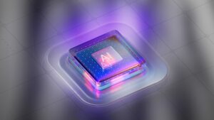 Chip tecnológico con iluminación neón y la palabra “AI” en el centro, representando inteligencia artificial en un entorno digital futurista.