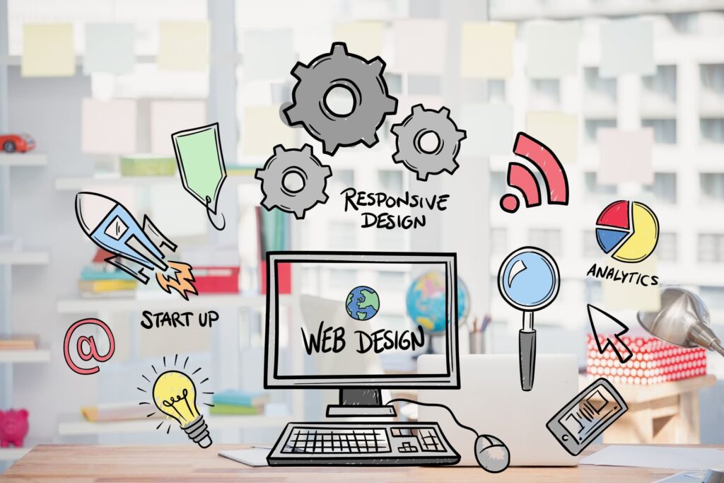 Diseño web con elementos ilustrados de responsive design, analítica, SEO y desarrollo digital alrededor de un ordenador en un entorno de oficina.