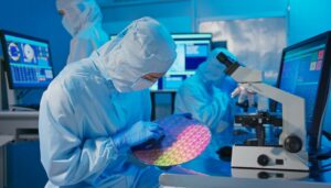 Técnicos trabajando en una sala limpia de fabricación de semiconductores mientras inspeccionan obleas electrónicas y equipos de laboratorio.