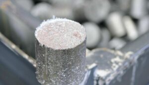 Primer plano de material granular y lingotes metálicos utilizados como materias primas industriales en procesos de fabricación y metalurgia.